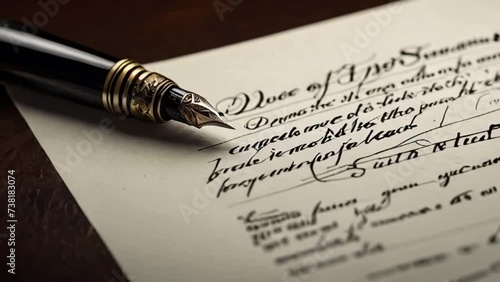 Fountain pen and calligraphy ink writing document vintage retro slow motion macro close up video photo