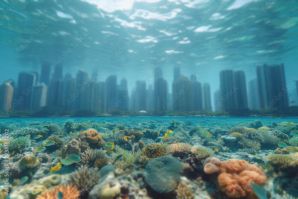 The digital connectivity of a modern city facing the organic connectivity of a vast coral reef, underlining the interconnectedness of technological networks and natural ecosystems.  Generative Ai.