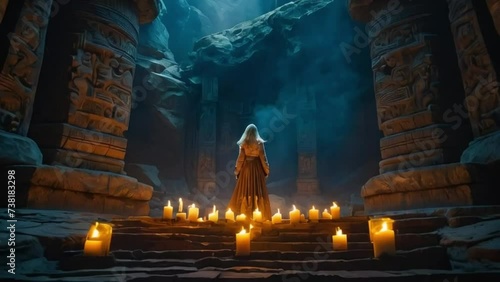 Woman in a dark dungeon catacomb with burning candles fantasy video game slow motion zoom in video ancient temple photo