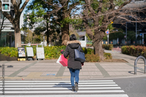 ショッピングバッグを持って横断歩道を渡る女性の後ろ姿 photo