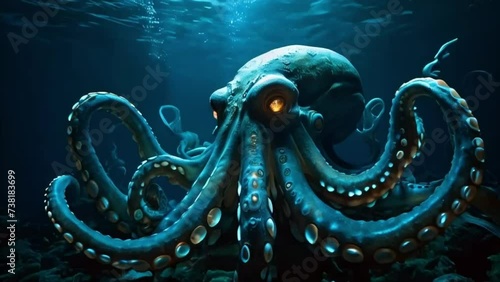 Creepy glowing eyes octopus underwater wild ocean slow motion video cinematic photo