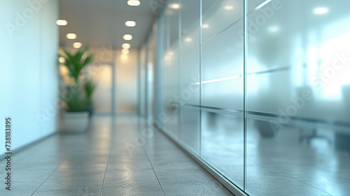 Modern office corridor with reflective glass walls