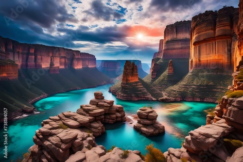 grand canyon at sunset, Enter a realm of wonder and magic as you gaze upon a fantastical planet adorned with swirling clouds and vibrant landscapes. The clouds dance in mesmerizing patterns across the