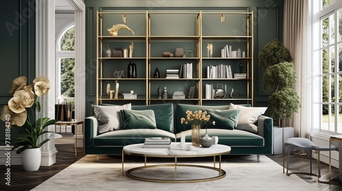 Metal, round coffee tables and a beige sofa in a green, luxurious living room interior with marble shelves and golden decorations photo