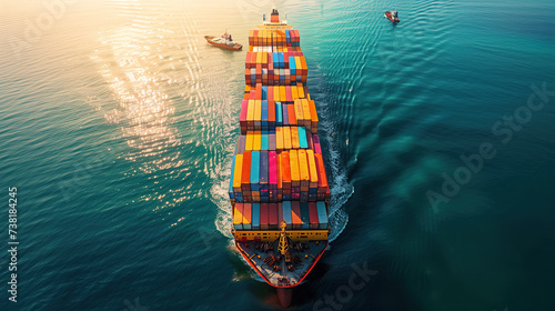 A cargo container ship sea freight carrying container and running for export goods from cargo yard port to custom ocean. The concept technology transportation 