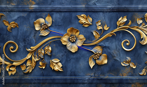 luxurious blue and gold floral plaster wall molding background