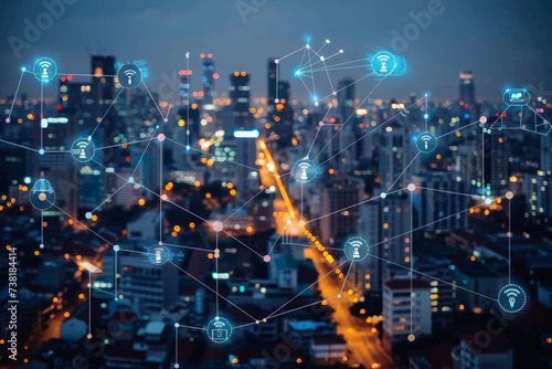 An aerial view of a city with a bunch of icons connected to each other