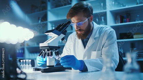 Modern Medical Research Laboratory: Portrait of Male Scientist Looking Under Microscope, Analysing Samples. Advanced Scientific Lab for Medicine, Biotechnology, Microbiology Development