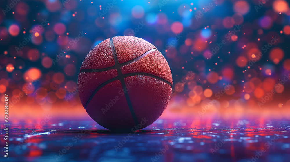 Close up of a Basketball ball in the center of the stadium, basketball ball in a stadium close up - copy space, basketball ball on the outdoors court purple sparkle, Generative Ai