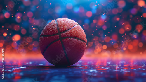 Close up of a Basketball ball in the center of the stadium, basketball ball in a stadium close up - copy space, basketball ball on the outdoors court purple sparkle, Generative Ai