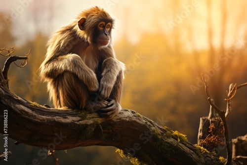 Closeup of a macaque monkey sitting on a tree photo
