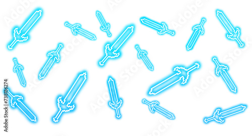 Fotografie Pixel art blue glowing sword circle pattern