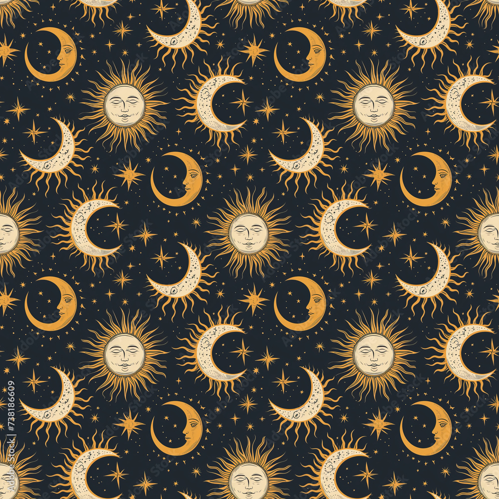 Magic seamless pattern with sun, moons and stars. Gold and black decorative ornament Magic seamless pattern with sun, moons and stars. Gold and black decorative ornament