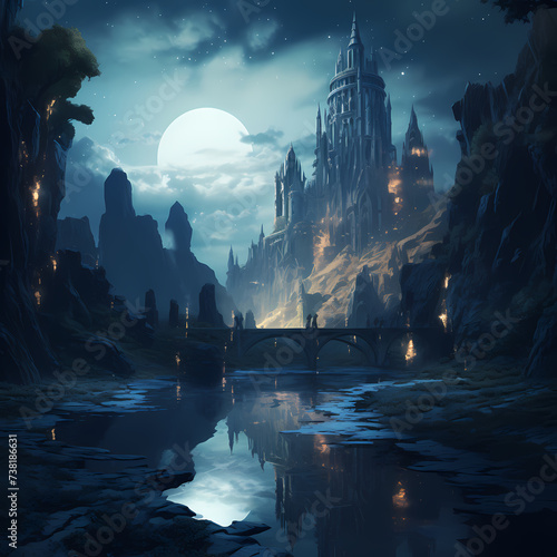 Mystical ruins in a fantasy landscape bathed in moonlight