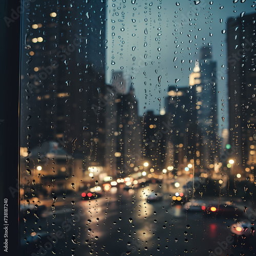 Raindrops on a windowpane with city lights in the background.