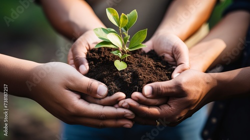 Teamwork and growth with plants in the hands of a group or team of eco people for agriculture and collaboration in a green business. Diverse people holding growing sprouts in a startup company