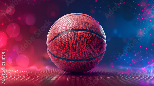 Close up of a Basketball ball in the center of the stadium, basketball ball in a stadium close up - copy space, basketball ball on the outdoors court purple sparkle, Generative Ai © Azmee