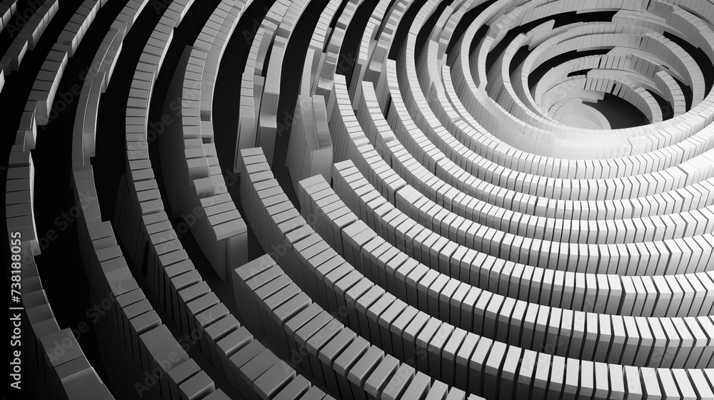Unusual abstract piano keyboard spiral background fractal like endless staircase. Black and white piano keys  screwed into round spiral repetitive pattern. Music concept distorted circle backdrop - obrazy, fototapety, plakaty 