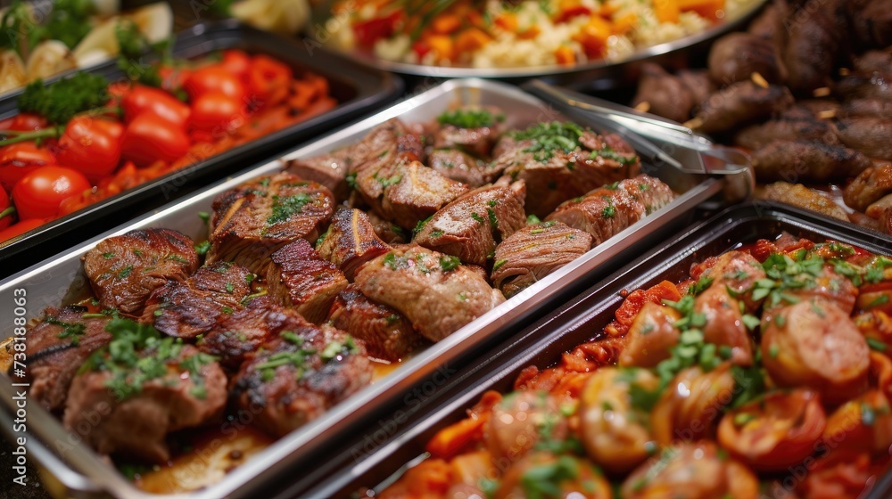 Catering buffet food. Delicious colorful meat and vegetable dishes. Celebration Party