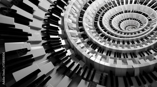 Unusual abstract piano keyboard spiral background fractal like endless staircase. Black and white piano keys  screwed into round spiral repetitive pattern. Music concept distorted circle backdrop photo