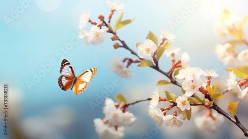 Vintage spring image with butterfly and blossoming fruit tree against blue sky. Springtime nature abstract