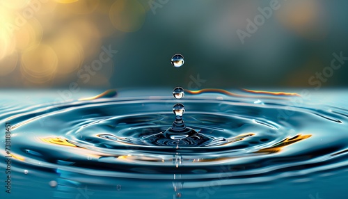 Clear Water drop with circular waves. water drop splash closeup. water ripple as concept for hydration, water preservation and ecology photo