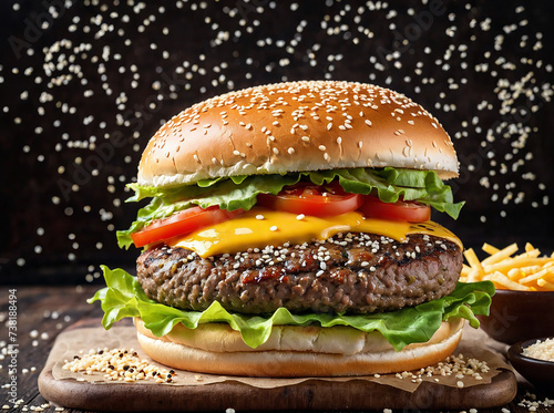 Beautifully lit beef burger with cheese, lettuce, tomato and beef cutlet and sesame seed bun close-up view