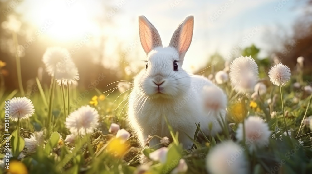 Easter holiday card. Cute fluffy little bunny in the grass with spring flowers. Happy easter. Spring natural background Easter holiday card. Cute fluffy little bunny in the grass with spring flowers. Happy easter. Spring natural background