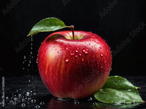 Tasty red apple with green leaf and water drops on a dark background, front view