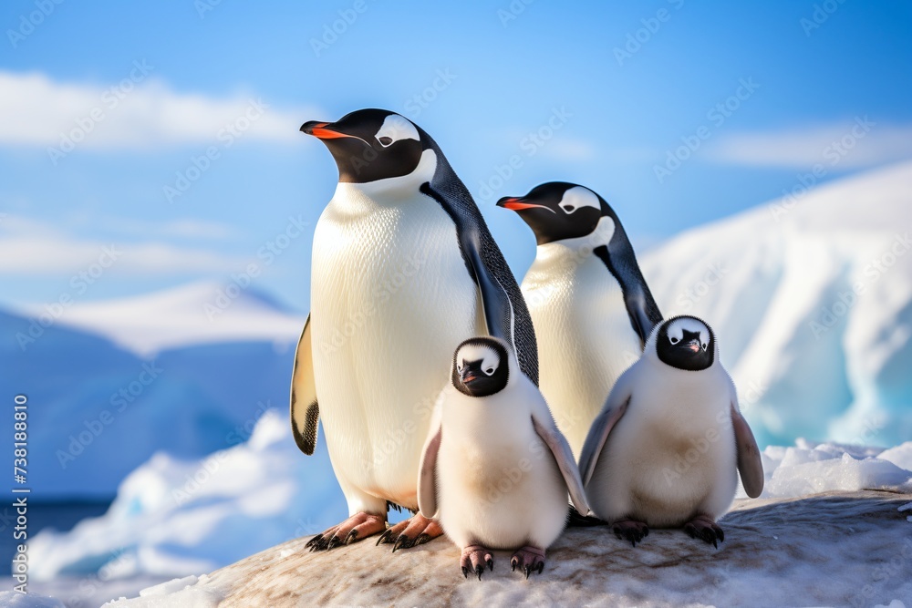 Fototapeta premium A group of penguins walking on snow in antarctica