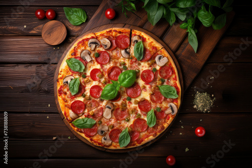 Pizza with cherry tomatoes, cheese, salami, mushrooms and spinach leaves, basil on a dark wooden background. Delicious round pizza, hot food, snack