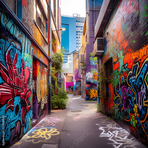 Vibrant graffiti on an urban alleyway. 