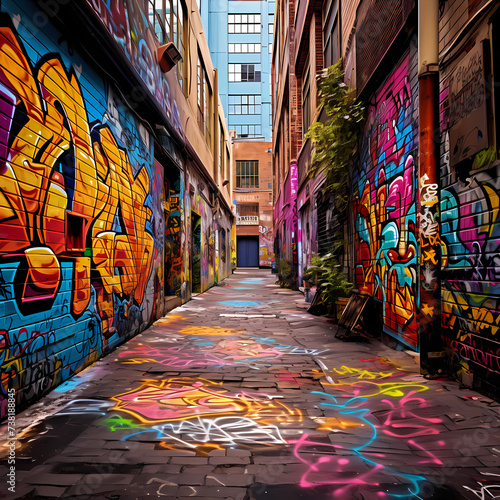 Vibrant graffiti on an urban alleyway. 