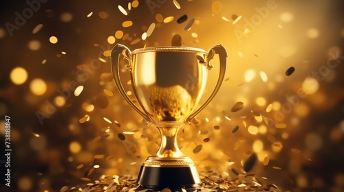 Golden trophy, sports cup and flying golden confetti on beautiful background with glitter bokeh. Concept of victory, success, achieving a goal in sports or work, business. Place for text