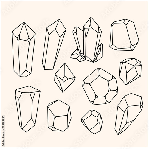 Set of crystals, linear shape polyhedron. Illustration style doodle and line art