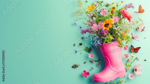 Bright rubber boot with spring flowers inside and butterflies around on bright background, concept of the arrival and celebration of spring, banner with copyspace
