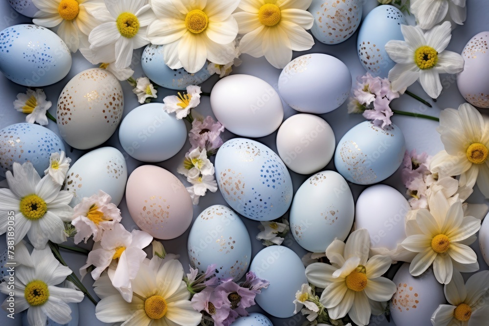 Decorated Easter eggs with spring flowers. Easter holiday card. Delicate pastel colors, happy easter background Decorated Easter eggs with spring flowers. Easter holiday card. Delicate pastel colors, happy easter background