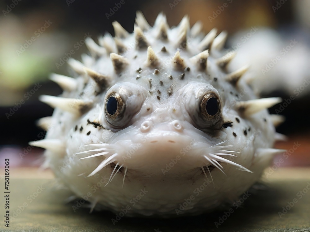 Close-up of a whole fugu fish, showcasing its unique appearance and texture Close-up of a whole fugu fish, showcasing its unique appearance and texture