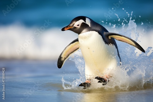 Closeup of a penguin running over water