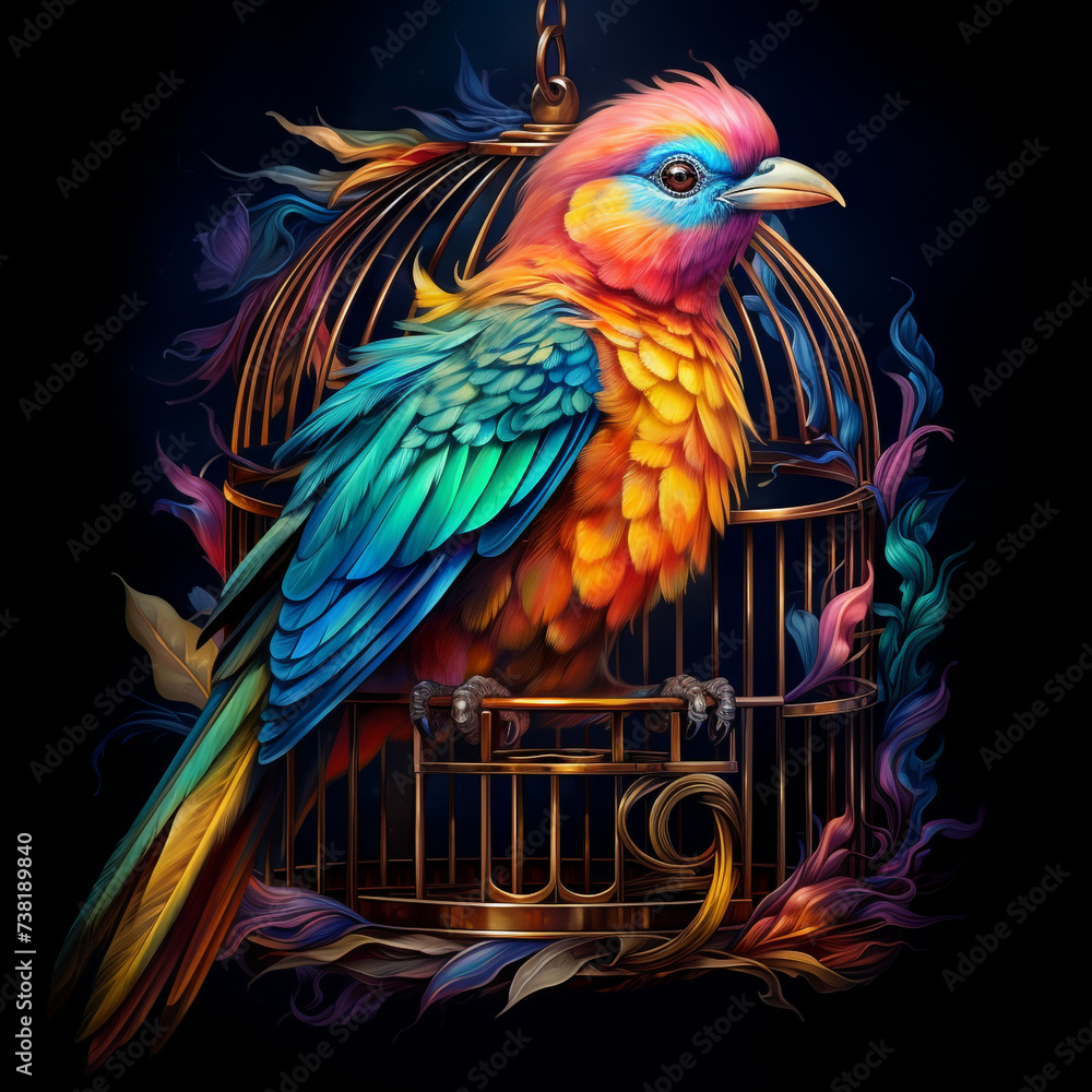 Obraz premium Detailed and realistic image of a bird perched on its cage created with Generative Ai