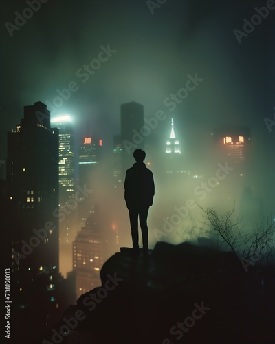 man standing ledge overlooking city night foggy environment depth blur random arts unconnected wanderer hollow
