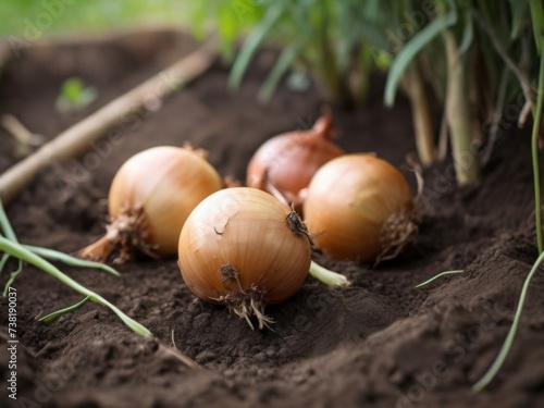 Ripe Onions growing in soil in garden