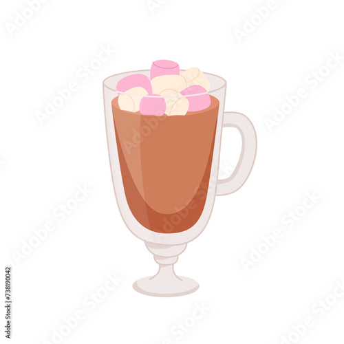 Coffee or chocolate glass with marshmallow. Cartoon hot drink in cup vector illustration. Cafe or restaurant icon. Breakfast time