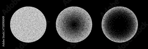 Circles with grain noise texture set vector illustration. Abstract spheres with gradient stipple pattern, globes with gradation to fade of monochrome grainy dots or noise dust on black background