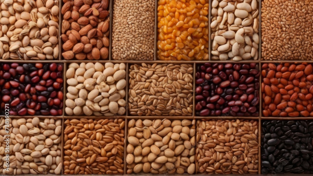 An overhead shot of background texture composed of a variety of grains An overhead shot of background texture composed of a variety of grains