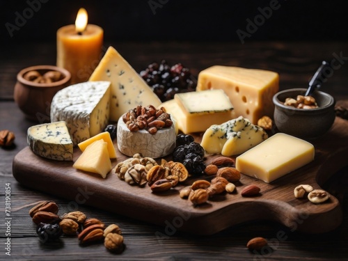 Various types of cheese, including blue cheese, camembert, and parmesan, displayed on a dark wooden surface © AS Company