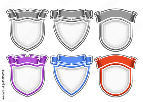Vector Shields Set, collection of 6 grey monochrome and colorful heraldic shields with copy space, group of decorative various vintage sign boards with ribbon for title text on white background