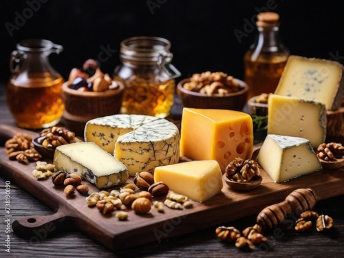 Various types of cheese, including blue cheese, camembert, and parmesan, displayed on a dark wooden surface