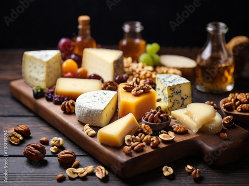 Various types of cheese, including blue cheese, camembert, and parmesan, displayed on a dark wooden surface
