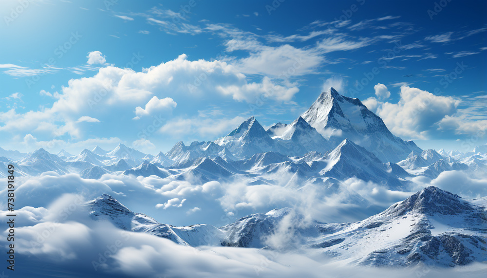 Majestic mountain peak, blue sky, snow covered landscape, tranquil scene generated by AI